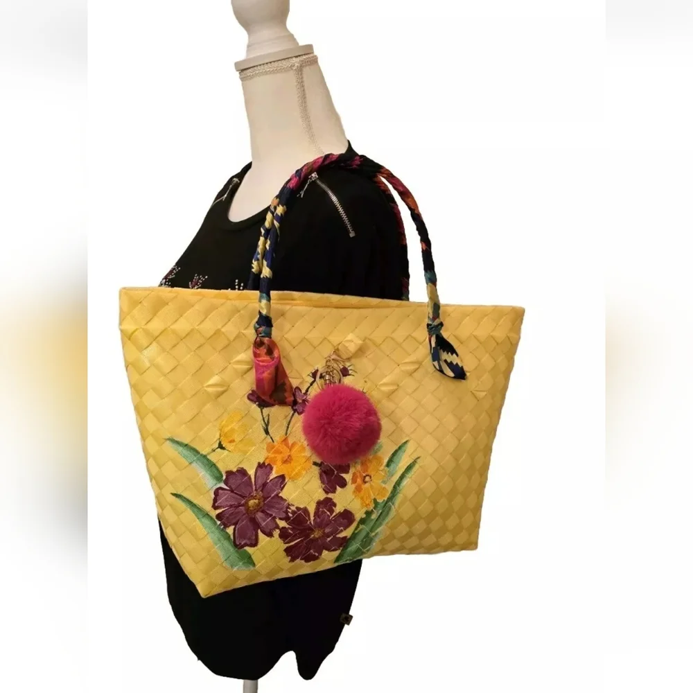 Gingham Basket Weave Handcrafted, Handpainted  Silk-Wrapped Handle Tote Bag NWOT - Picture 13 of 14
